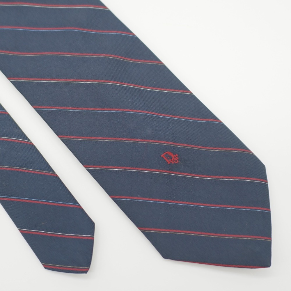 Vintage Christian Dior Polyester Silk Blue Red Striped Short Skinny Silk Tie
